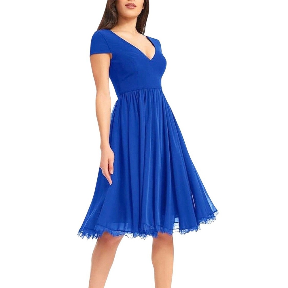 Dress the Population Blue V-Neck Cap Sleeve Lace Trim Fit Flare Dress Large